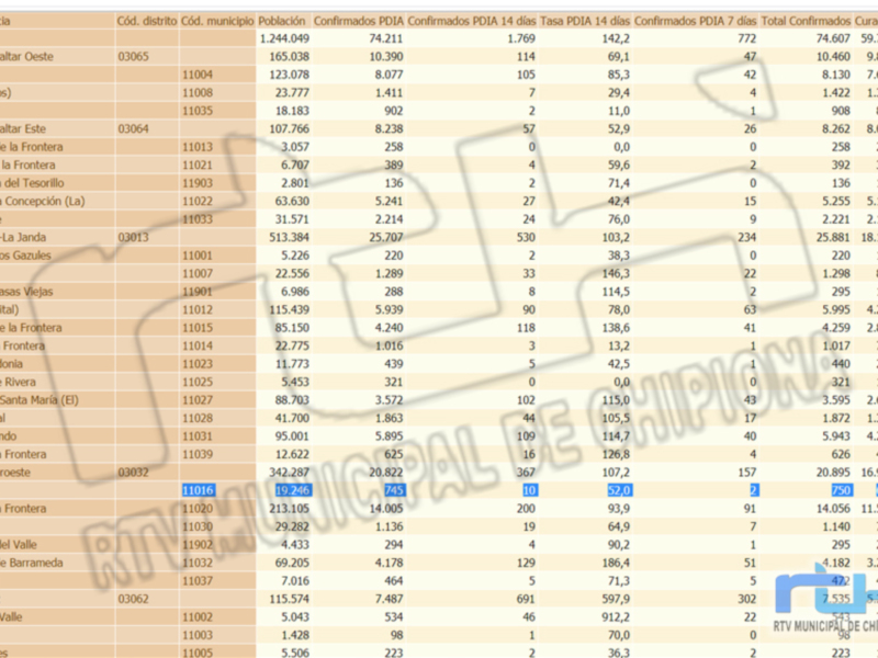 Gráfico de datos estadísticos sobre casos confirmados y recuperados en diferentes zonas de España.