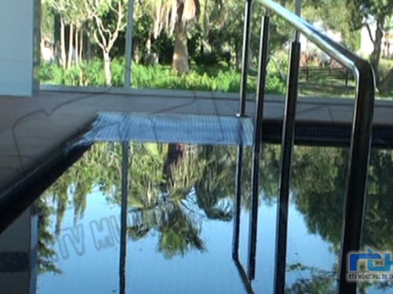 Piscina con reflejo de árboles y barandilla de acero inoxidable.