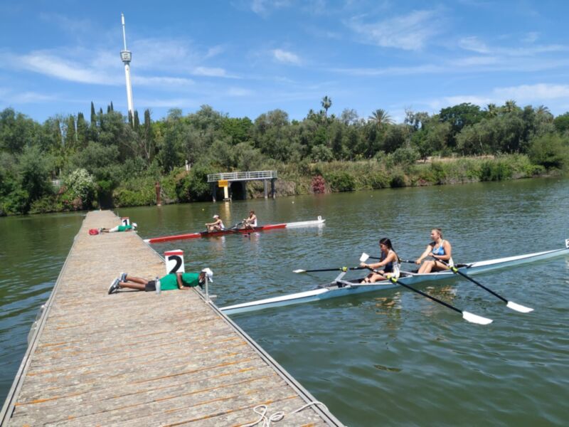 En un tranquilo lago rodeado de vegetación, una grupo de personas se prepara para remar en canoas. Una persona está sentada en la orilla, mientras otras dos están en el agua, remando con fuerza. El cielo azul claro y la vegetación verde hacen de este momento un paisaje idílico.