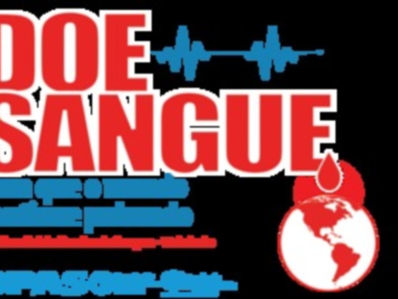 Logotipo de Doe Sangue con símbolos de salud y un globo terráqueo en el fondo.
