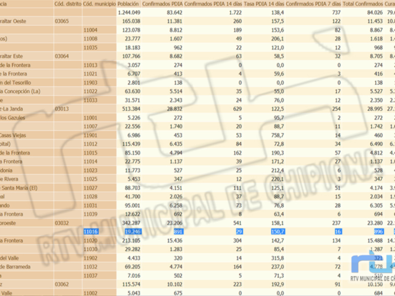 Un informe detallado de casos confirmados y sospechosos en diferentes municipios del distrito de Gibralfaro, incluyendo datos como casos confirmados y sospechosos por día, así como el número total de casos.