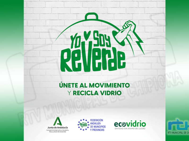 "Únete al movimiento y recicla vidrio. Logotipo de Ecovidrio junto a la Junta de Andalucía y la Federación de Municipios y Provincias. Imagen de fondo con un fondo verde y blanco."