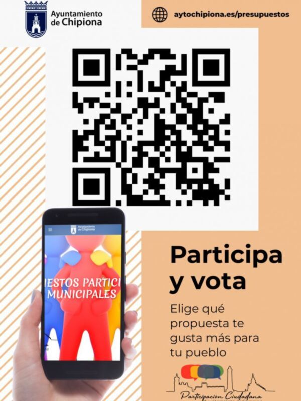 QR para acceder a presupuestos municipales. Participa y vota eligiendo tu propuesta más gustosa para tu pueblo. AytoChipiona