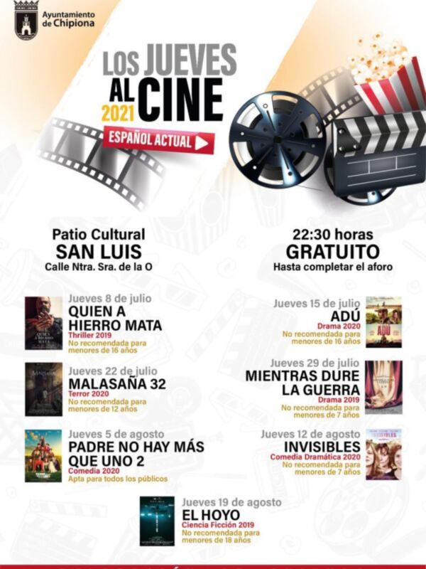Cine en Chipiona: 'Los Jueves al Cine' en el Patio Cultural San Luis, del 8 de julio al 19 de agosto, a las 22:30 horas. Entrada gratuita hasta completar aforo.
