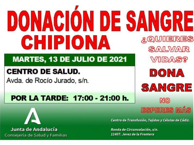 Donación de sangre en el Centro de Salud, Martes 13 de julio de 2021. Horario: 17:00 - 21:00 h. Avda. de Rocio Jurado, s/n. Junta de Andalucía, Consejería de Salud y Familias.