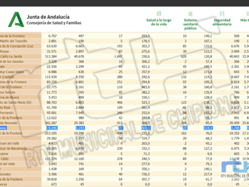 Tabla de datos de la Junta de Andalucía sobre salud y sistemas sanitarios en diferentes localidades andaluzas.