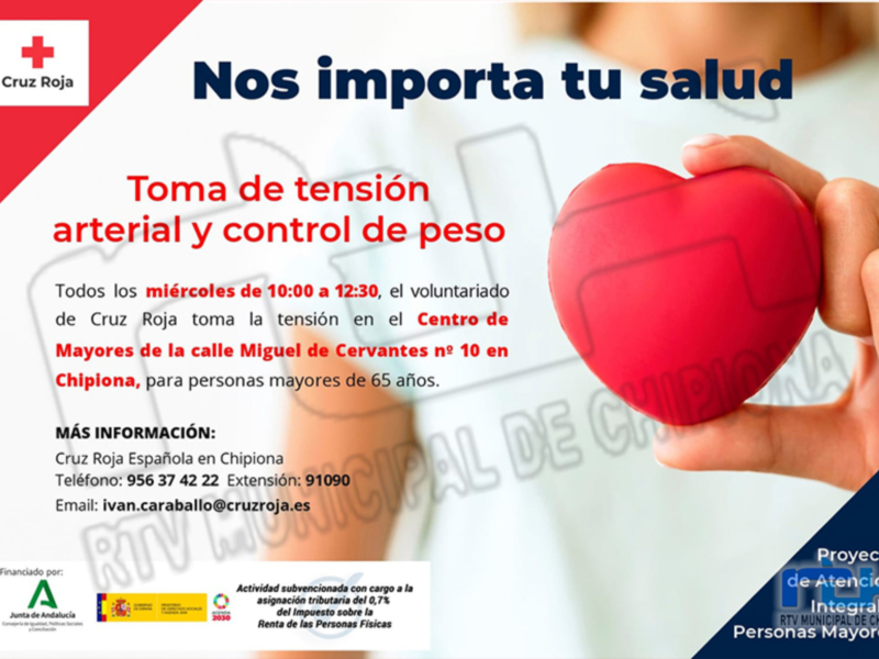 Cruz Roja toma la tensión arterial y control de peso para personas mayores de 65 años todos los miércoles a las 10:00 en el Centro de la Cruz Roja, ubicado en Chipiona. Para más información: 956 37 42 22 o ivan.carvaballo@cruzroja.es