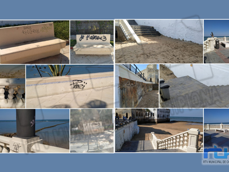 Vistas de la playa y la ciudad de Chipiona con detalles de grafitis y elementos arquitectónicos.