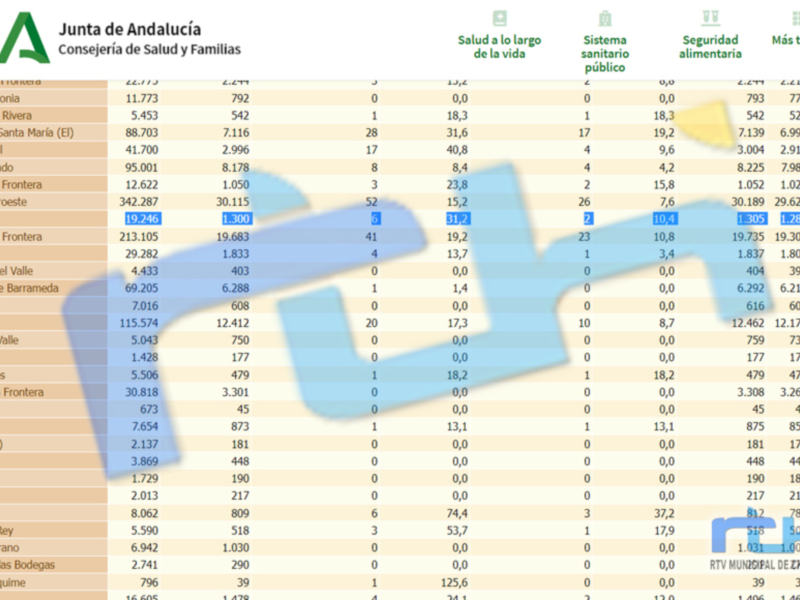 Una tabla de datos que parece estar relacionada con la Junta de Andalucía, específicamente en el área de Salud y Familias. La tabla incluye información sobre salud a largo plazo, sistema sanitario público, seguridad alimentaria y otras muchas más. Los datos se presentan en diferentes columnas con valores numéricos que parecen representar indicadores de salud y bienestar en diferentes municipios o áreas.