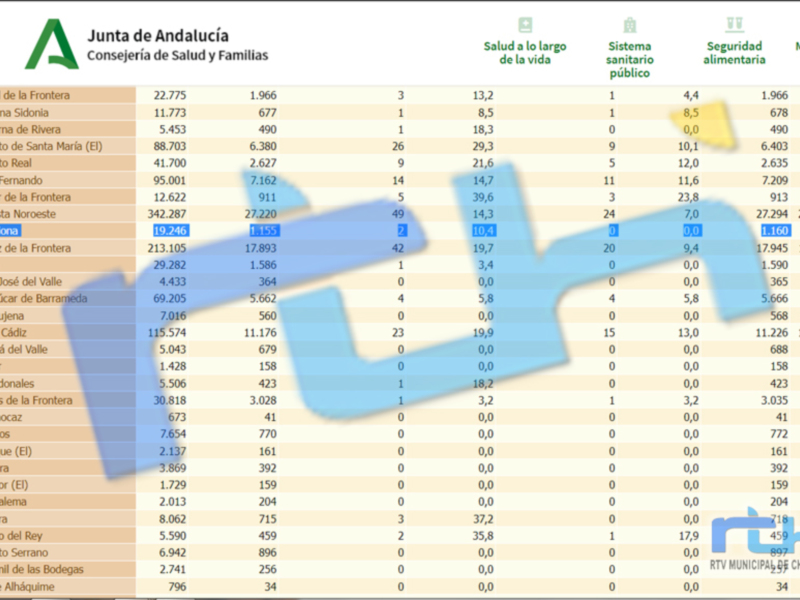 Una tabla de datos con información sobre la Junta de Andalucía, incluyendo categorías como Salud a lo largo de la vida, Sistema Sanitario Público, Seguridad y Temas más relevantes. La tabla incluye datos específicos para ciudades como Córdoba, Sevilla y Málaga.
