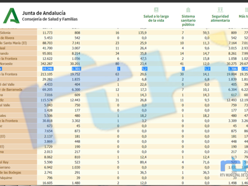 Un informe detallado de la Junta de Andalucía, con información sobre salud, seguridad y otros temas. Los datos se presentan en una tabla que incluye columnas con información sobre salud, seguridad y otros temas. La Junta de Andalucía es una entidad gubernamental que coordina políticas y programas en diversos sectores.