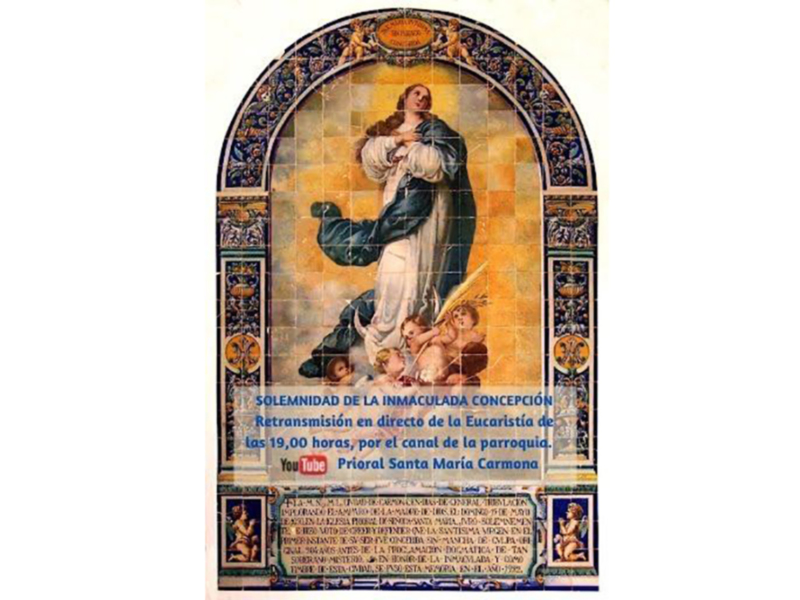 Imagen de la Inmaculada Concepción, con un texto informativo sobre la Solemnidad en directo a las 19:00 horas.