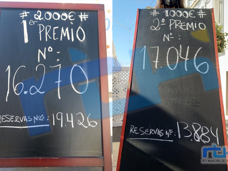 Tableros con números de premios y reservas en un evento público.
