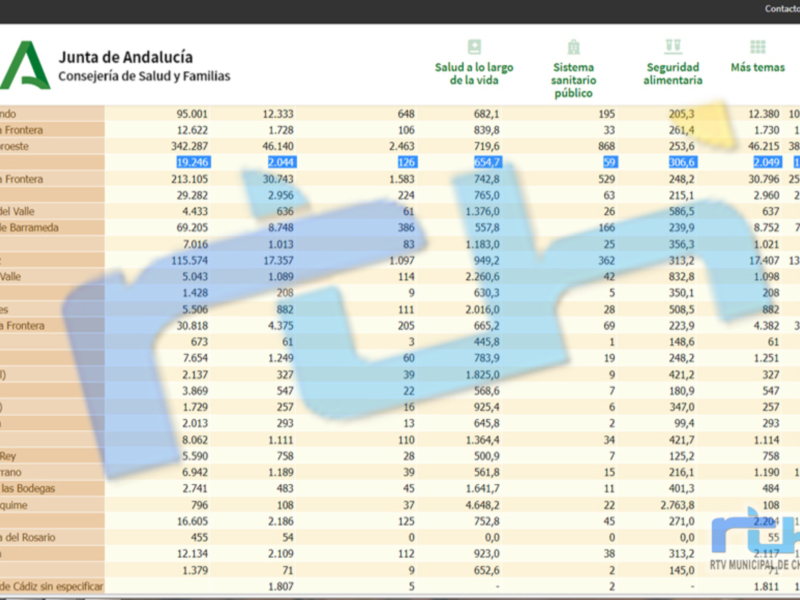 Información sobre la Junta de Andalucía y su Consejería de Salud, incluyendo datos demográficos como la población total y por municipio.