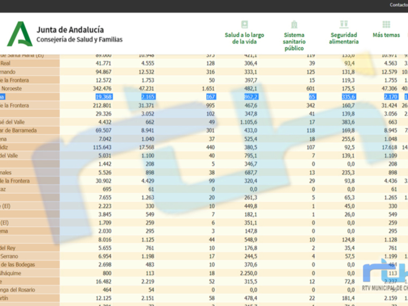 Gráfico de la Junta de Andalucía sobre ingresos por municipios en 2019, con datos detallados de cada localidad.