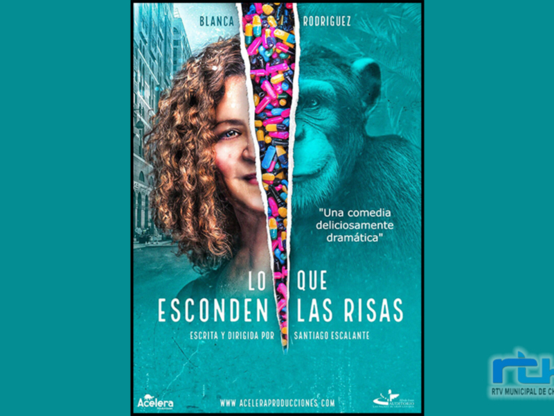 Poster de la película 'Lo que esconde escondiendo las risas' con una imagen de una mujer y un chimpancé en el fondo.