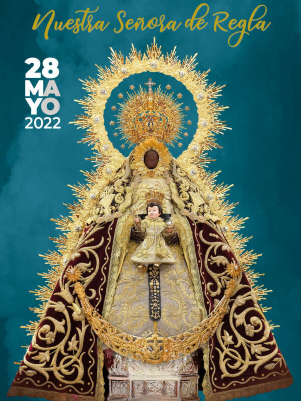 Nuestra Señora de Regla, 28 de Mayo, 2022. Imagen religiosa en un fondo verde con detalles dorados y cristales.