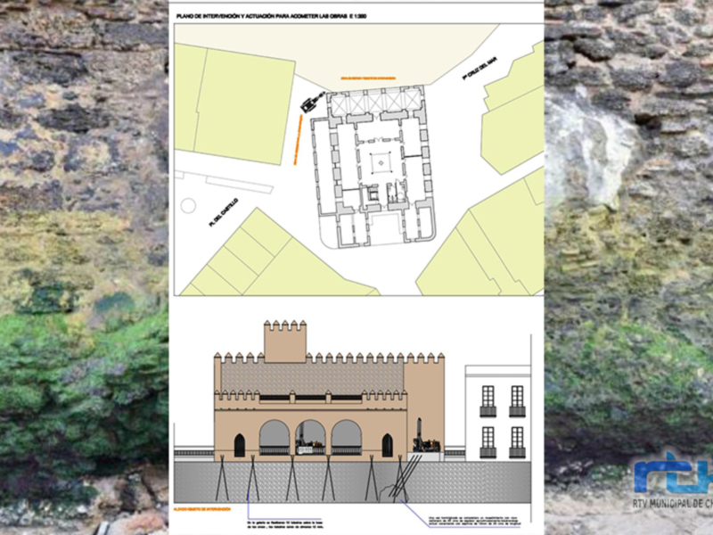 Plano de un edificio histórico con detalles arquitectónicos y una vista externa.
