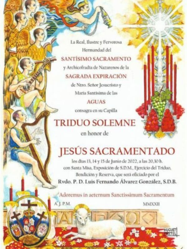 Invitación a la celebración de la Sagrada Expiración del Santísimo Sacramento, con el Triduo Solemne en honor a Jesús Sacramentado, el 13 y 14 de junio de 2022, a las 20:30 h.