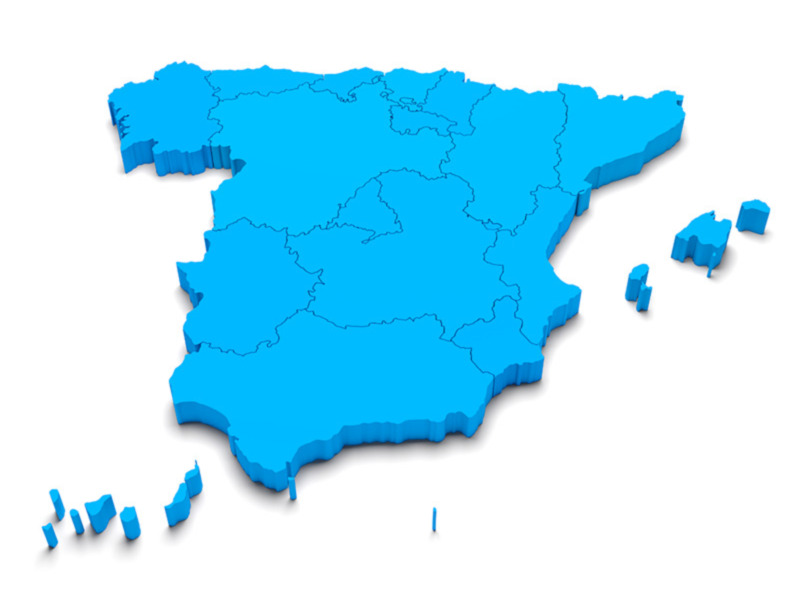 Mapa 3D de España en azul con las islas Baleares y Canarias destacadas.