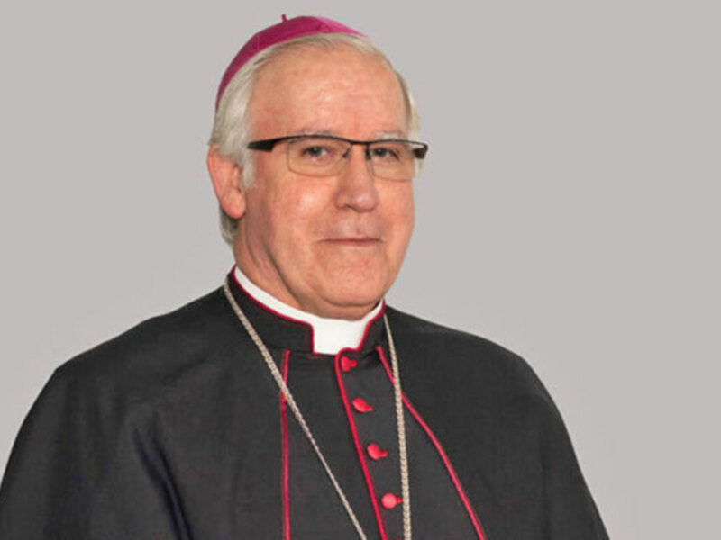 El cardenal porte una saya negra con detalles rojos y un cuello alto, lleva gafas de montura metálica y una corona roja en la cabeza. La imagen es clara y el fondo es gris claro, enfocándose en su rostro serio.