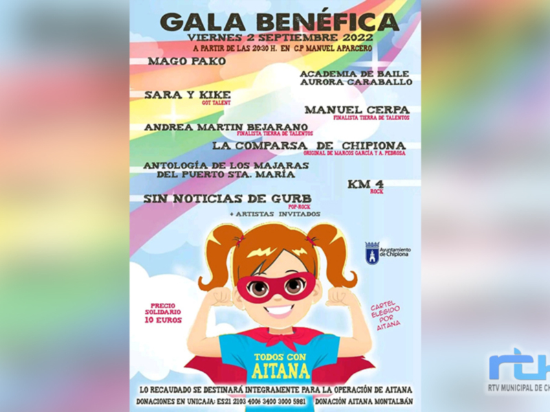 Afiche de la Gala Benéfica de Chipiona 2022, con artistas locales y una donación solidaria para Aitana Montalbán.