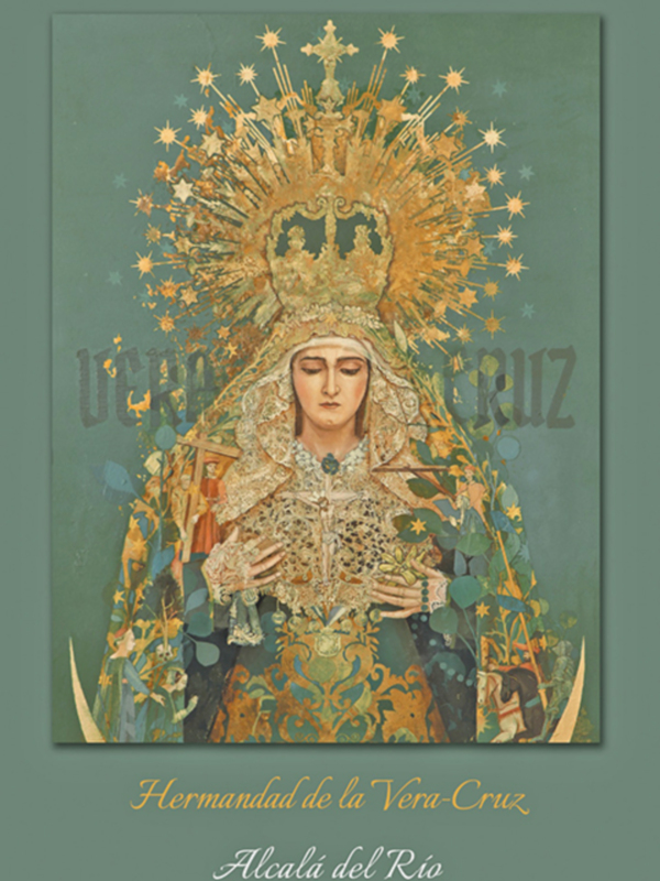 Ilustración de la Virgen de la Vera-Cruz, patrona de Alcalá del Río, con detalles ornamentales y símbolos religiosos.