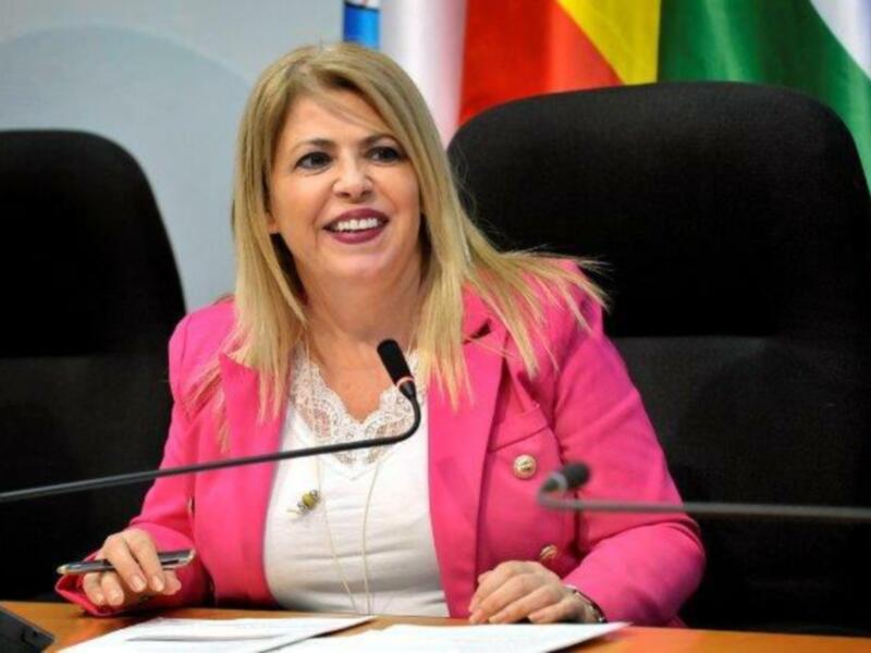 Una mujer en una reunión formal, con una chaqueta rosa y una camisa blanca, sosteniendo un teléfono móvil y sonriendo. Está sentada en una silla con un micrófono en frente de ella, y hay banderas de fondo.