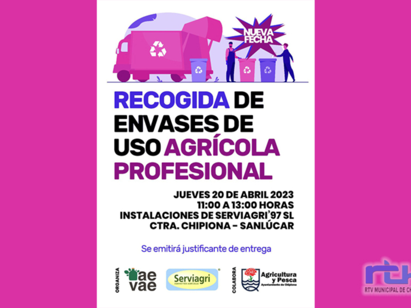 Recogida de envases agrícolas en Chipiona, 20 de abril 2023, de 11:00 a 13:00 horas en Serviagri'97 SL.