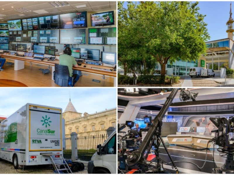 Imágenes de una instalación de comunicaciones con múltiples monitores, vehículos de transporte y estructuras urbanas.