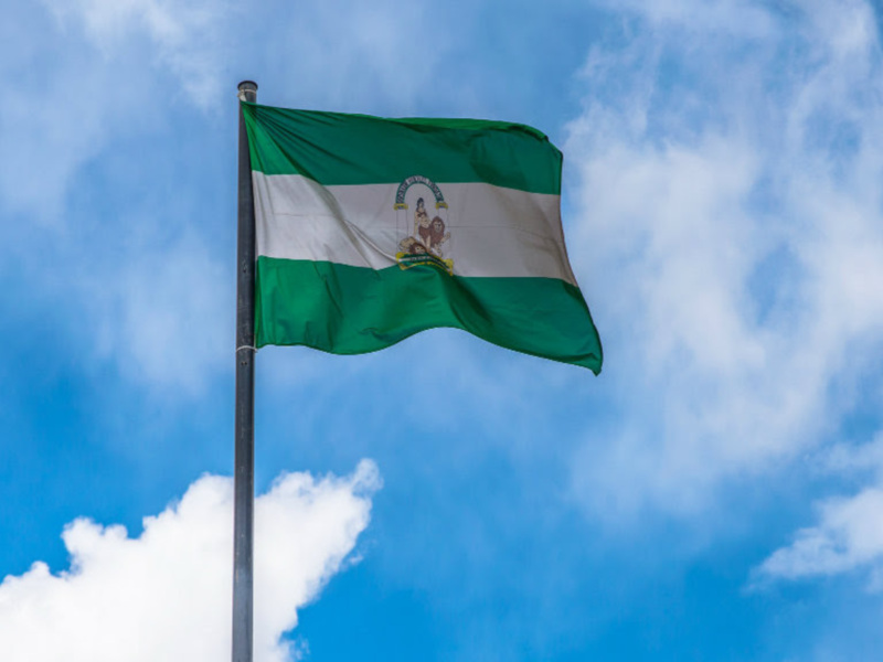 Bandera de Lagos ondeando en el cielo azul con nubes.