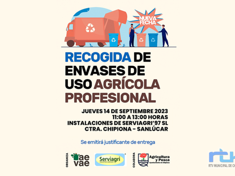 Recogida de envases agrícolas profesionales el jueves 14 de septiembre de 2023, desde las 11:00 hasta las 12:00 horas en las instalaciones de Serviagri'97 SL, Ctra. Chipiona - Sanlúcar. Justificante de entrega a emitir.