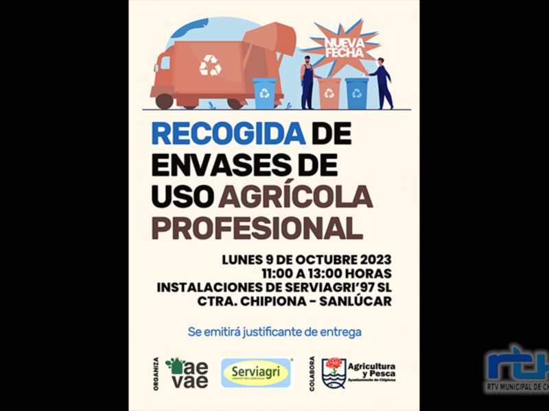 Recogida de envases agrícolas profesionales. Lunes 9 de octubre, 11:00 a 12:00 horas. Instalaciones de Serviagri'97 SL, Ctra. Chipiona - Sanlúcar. Justificante de entrega emitido.
