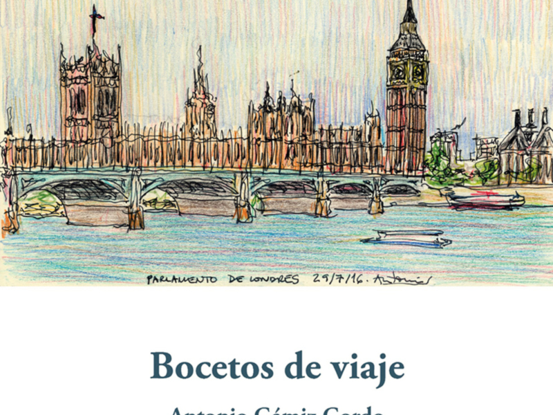 Dibujo de la ciudad de Londres con el Big Ben y el puente de Westminster, pintado con lápices de colores. El título del dibujo es 'Bocetos de viaje' y está firmado por Antonio Antonio Gámiz Gordo.