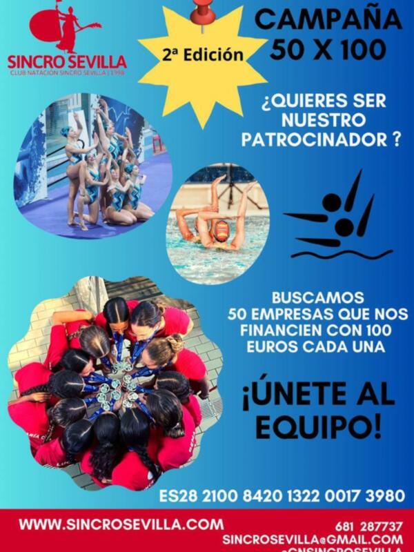 Campaña de patrocinio para la 2ª Edición de la Competición de Natación sincronizada Sincro Sevilla, con el objetivo de reunir 50 empresas que contribuyan con 100 euros cada una para financiar el evento.