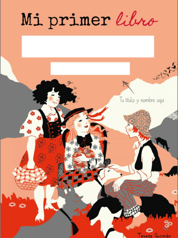 Un libro infantil con tres niñas vestidas de traje típico, sentadas en un banco. La portada es de color naranja claro con flores y sombrillas en el borde.