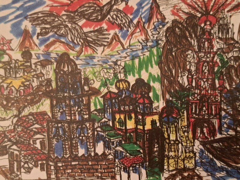 Dibujo de una ciudad antigua con edificios ruinosos y coloridos. El cielo está lleno de nubes y aves dibujadas en colores vibrantes. La imagen parece ser una ilustración artística de estilo retro o vintage.