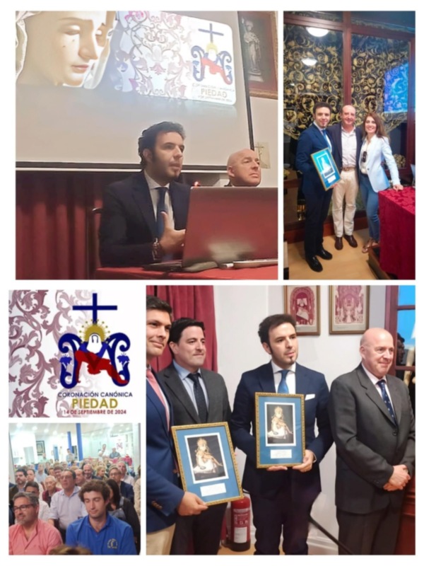 Una celebración o evento formal, posiblemente un congreso o conferencia. Se observan personas en trajes y uniformes, posiblemente representantes o líderes de una organización. Hay un póster con el nombre "Piedad" y la fecha "14 de Septiembre 2024", lo que sugiere una celebración o aniversario relacionado con esta fecha. También se pueden ver personas sosteniendo premios o reconocimientos, lo que indica un evento de premiación. La decoración y el ambiente sugieren una celebración form...