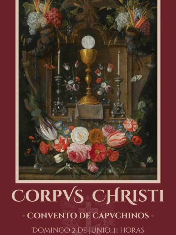 Detalle de una obra de arte religiosa con flores y un candelabro, junto a información sobre la celebración del Corpus Christi en el Convento de Capuchinos, el 2 de junio a las 11 horas con Santa Eucaristía y posterior procesión.
