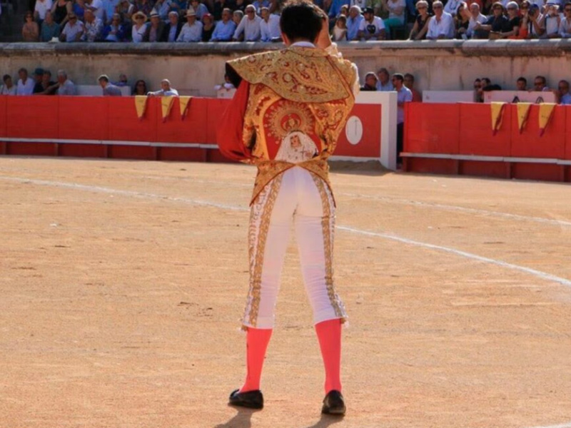 Un torero en el centro de la plaza de toros, con un traje tradicional y una bandera en el fondo.