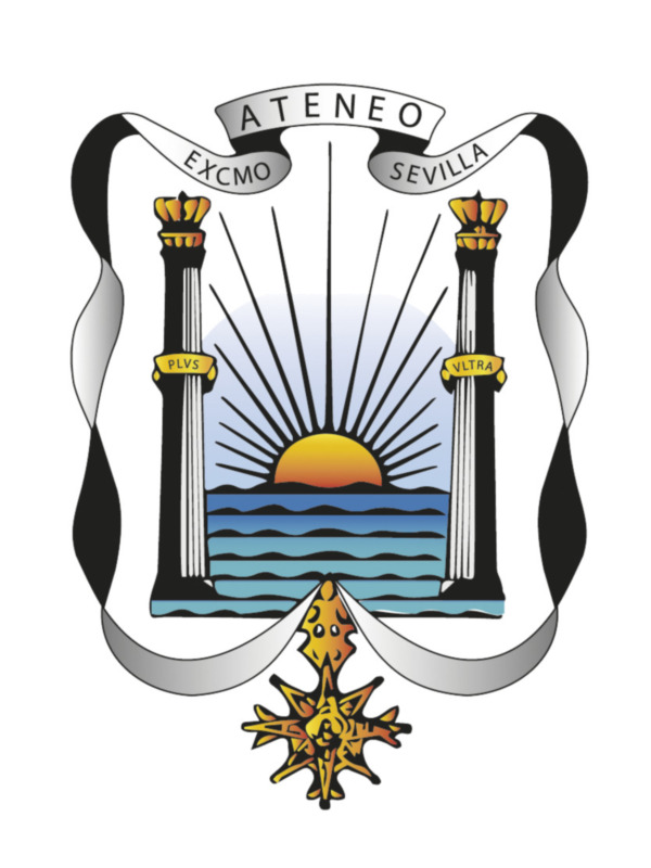 Este escudo representa al Ateneo de Sevilla, una institución educativa y cultural. La imagen muestra dos columnas con un sol entre ellas, simbolizando la educación y el conocimiento. Abajo de las columnas hay un mar con una estrella, representando la riqueza y la diversidad cultural de Sevilla. La inscripción "Ateneo Excmo. Sevilla" se encuentra en la parte superior, indicando el nombre de la institución.