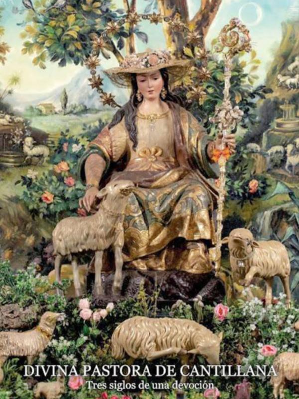 Imaginaria representación de la Divina Pastora de Cantillana, con detalles de flores y animales en el fondo.