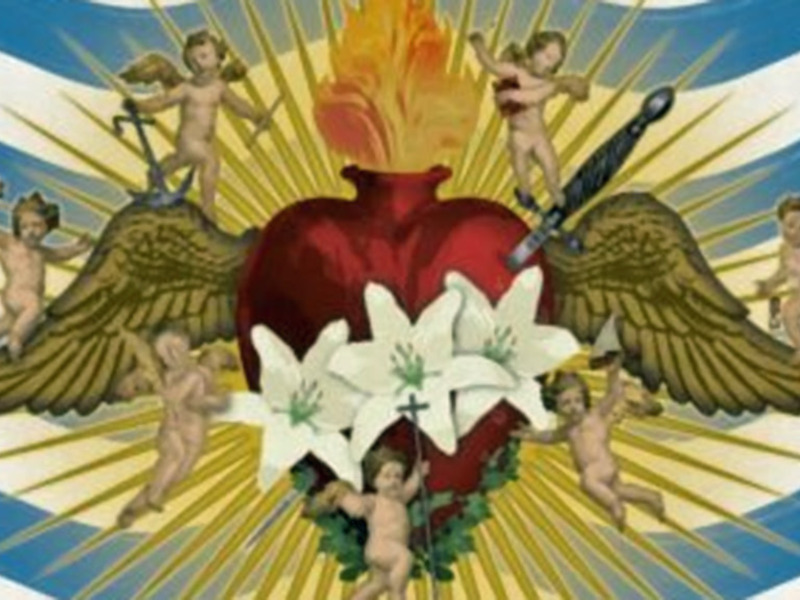 Imaginación artística de un corazón con ángeles y elementos religiosos, simbolizando la bondad y la divinidad.