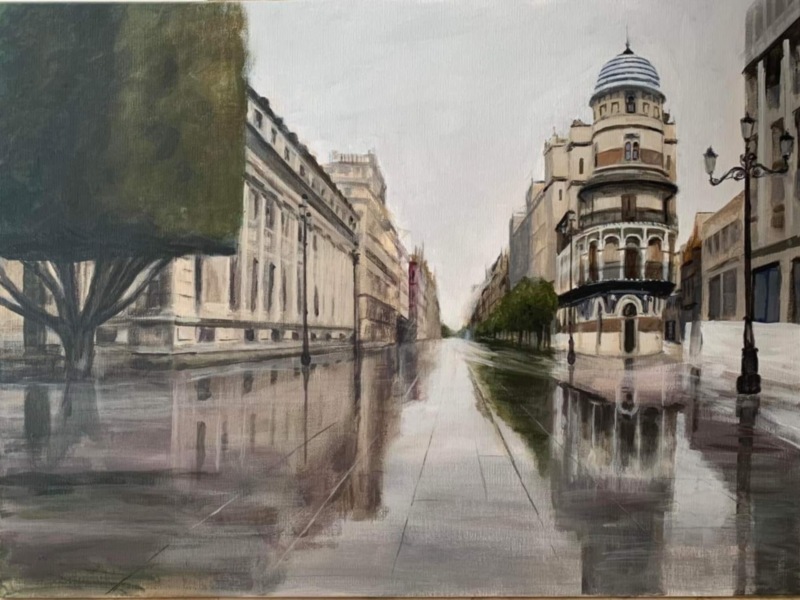 Imaginación urbana: Una pintura que captura la arquitectura y la reflexión de la ciudad en un día nublado.