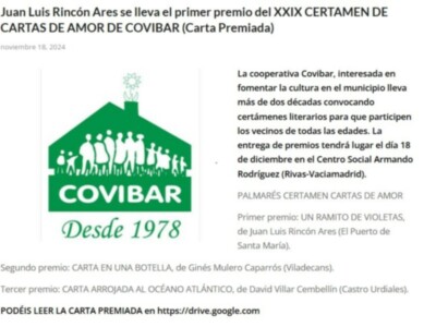 Juan Luis Rincón Primer Premio en la 24ª edición del Certamen de Cartas de Amor de Covibar, Rivas Vaciamadrid