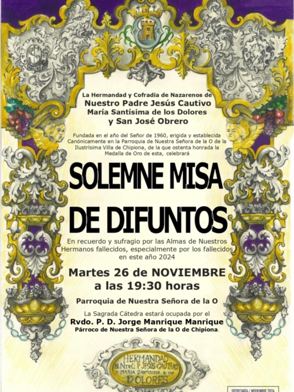 La Hermandad del Cautivo celebrará Misa de Difuntos el próximo martes 26 a las 19.30 h. en la Parroquia Nuestra Señora de la O