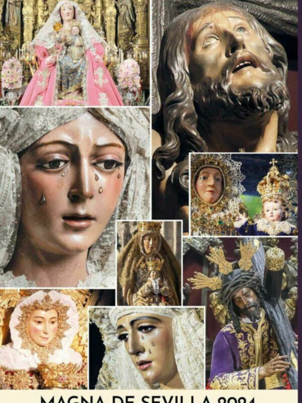 Retratos de imágenes religiosas, destacando la Virgen de la Amargura y el Cristo de la Misericordia en Sevilla, España, para la Semana Santa 2024.