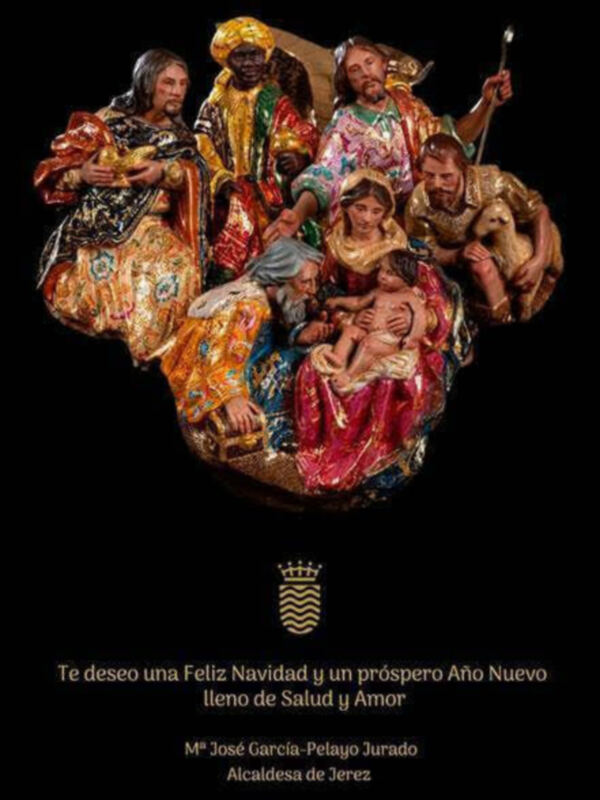 Representación escultórica de la Sagrada Familia y la Virgen de la Esperanza, con un mensaje navideño de la alcaldesa de Jerez.