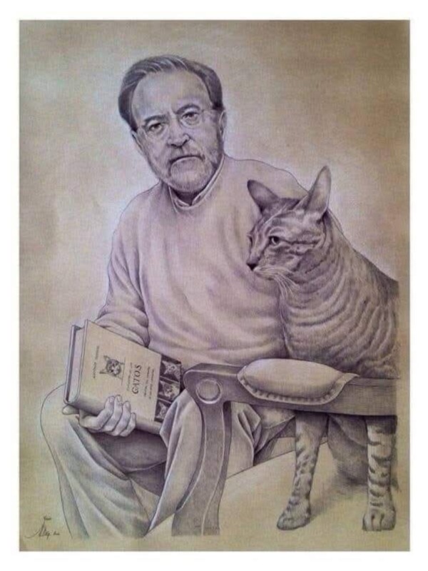 Retrato de hombre con gato y libro, dibujo en lápiz