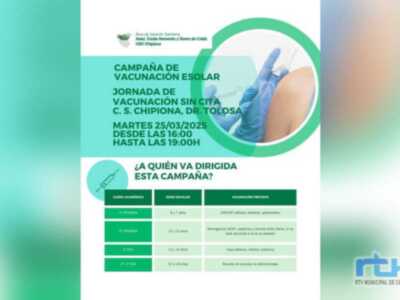 El Centro de Salud Tolosa Latour realiza mañana una vacunación escolar sin cita previa para escolares de Primaria y Secundaria   